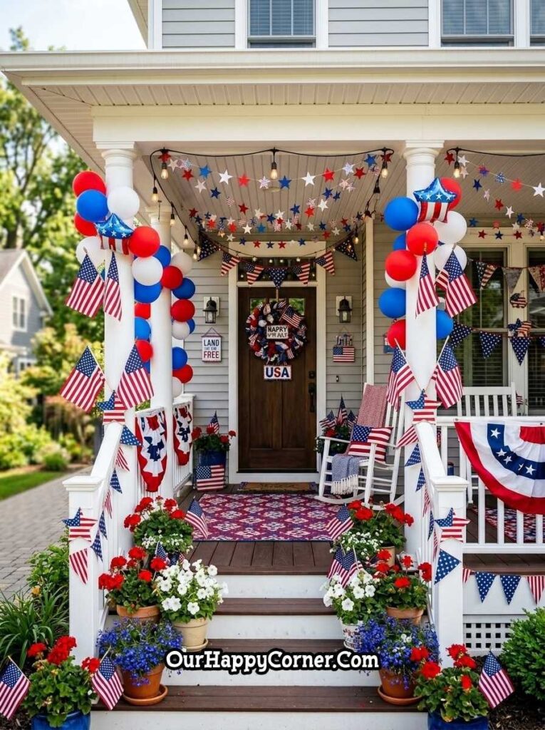 Festive porch with balloons, flags, and layered red white blue decor