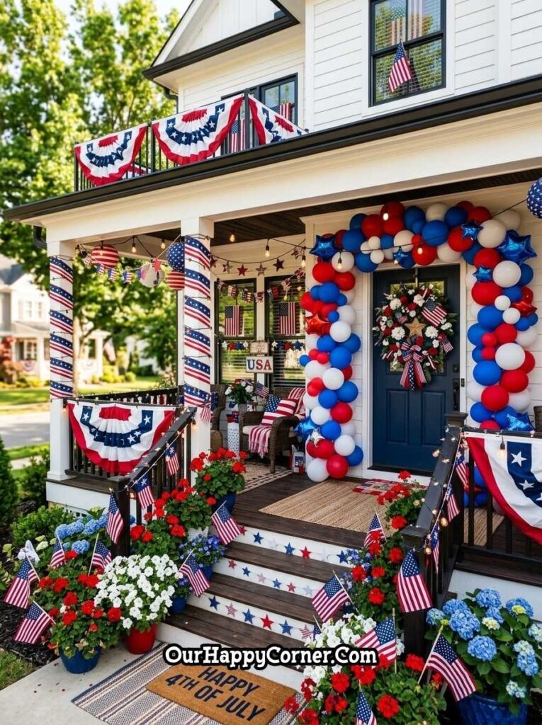 Front porch with balloon arch, patriotic wreath, and decorated steps