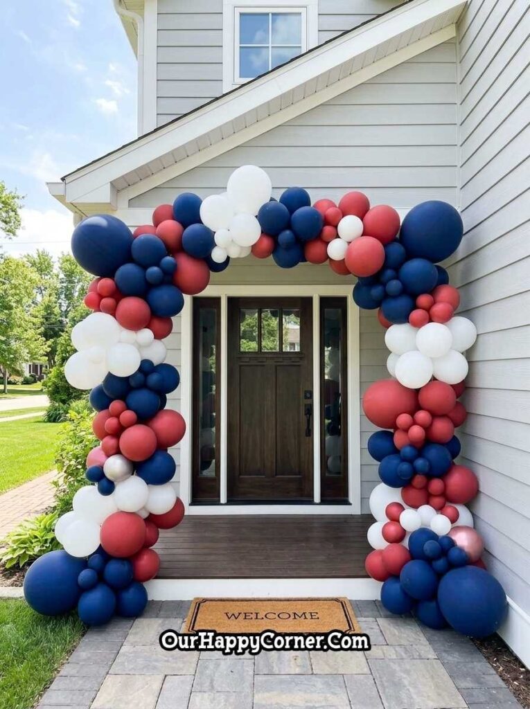 Patriotic front door with balloon arch for Independence Day decor