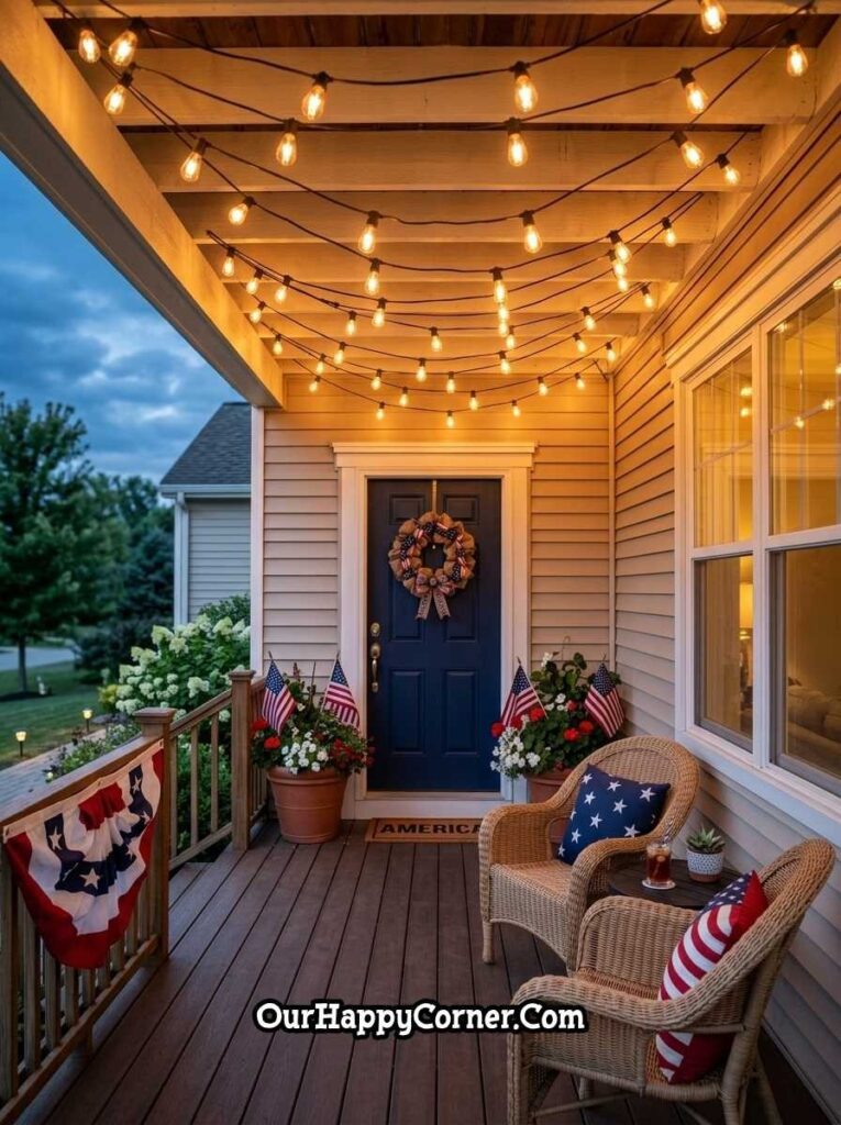 4th of July porch with string lights, seating area, and patriotic decor