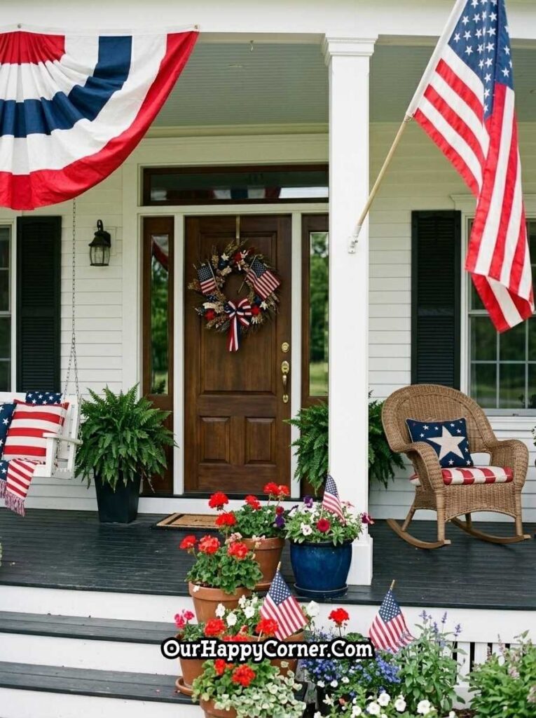 4th of July porch decor with Front door porch with patriotic wreath, rocking chair, and flag decor