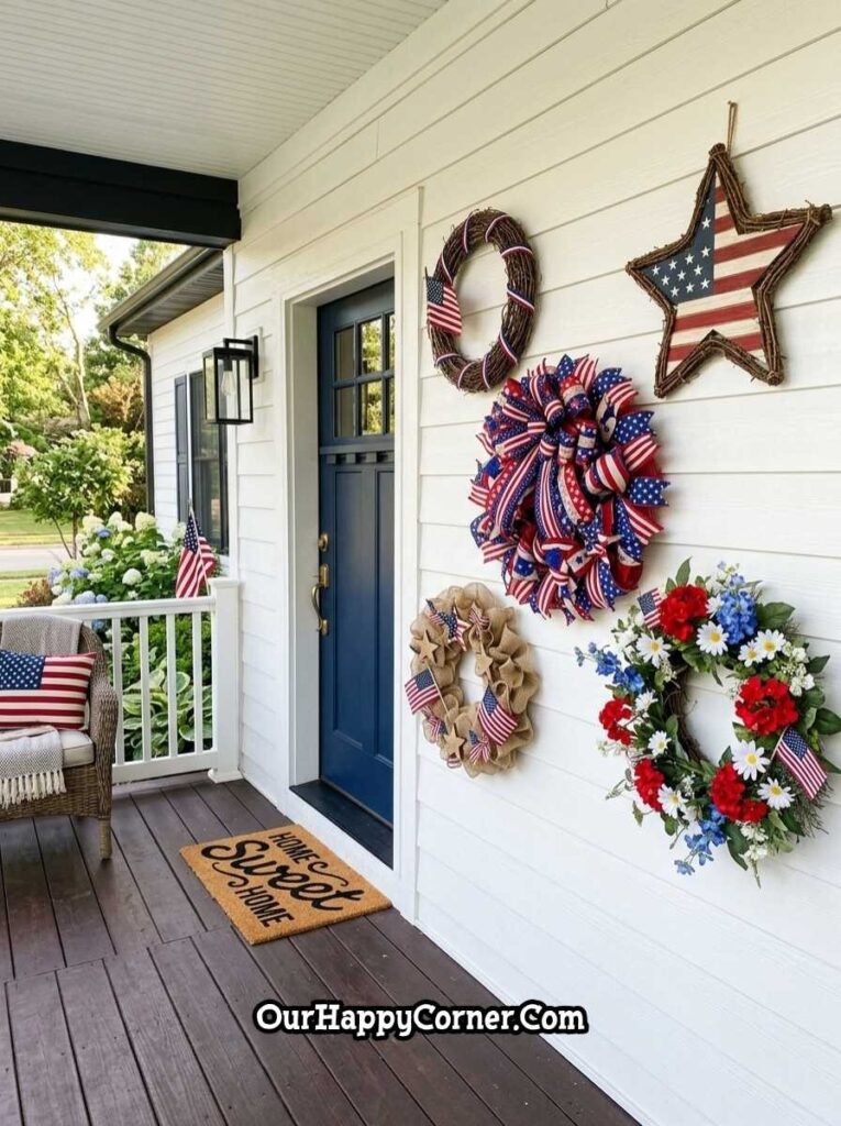 Porch wall with multiple patriotic wreaths and American star decor