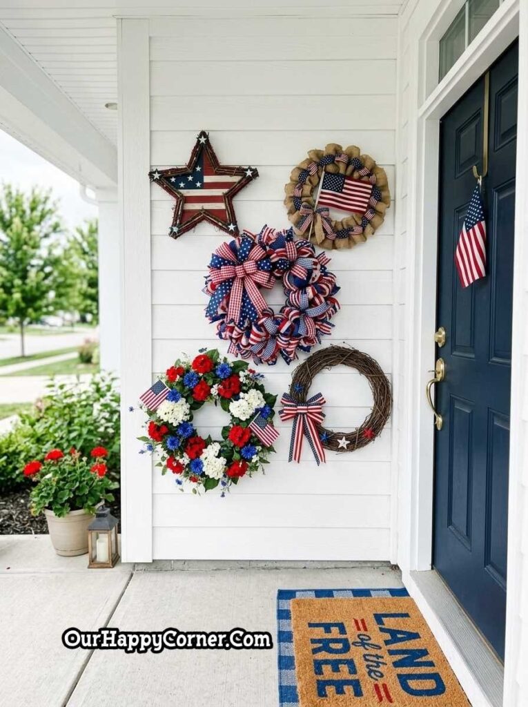 4th of July porch with wreath display and patriotic wall decorations