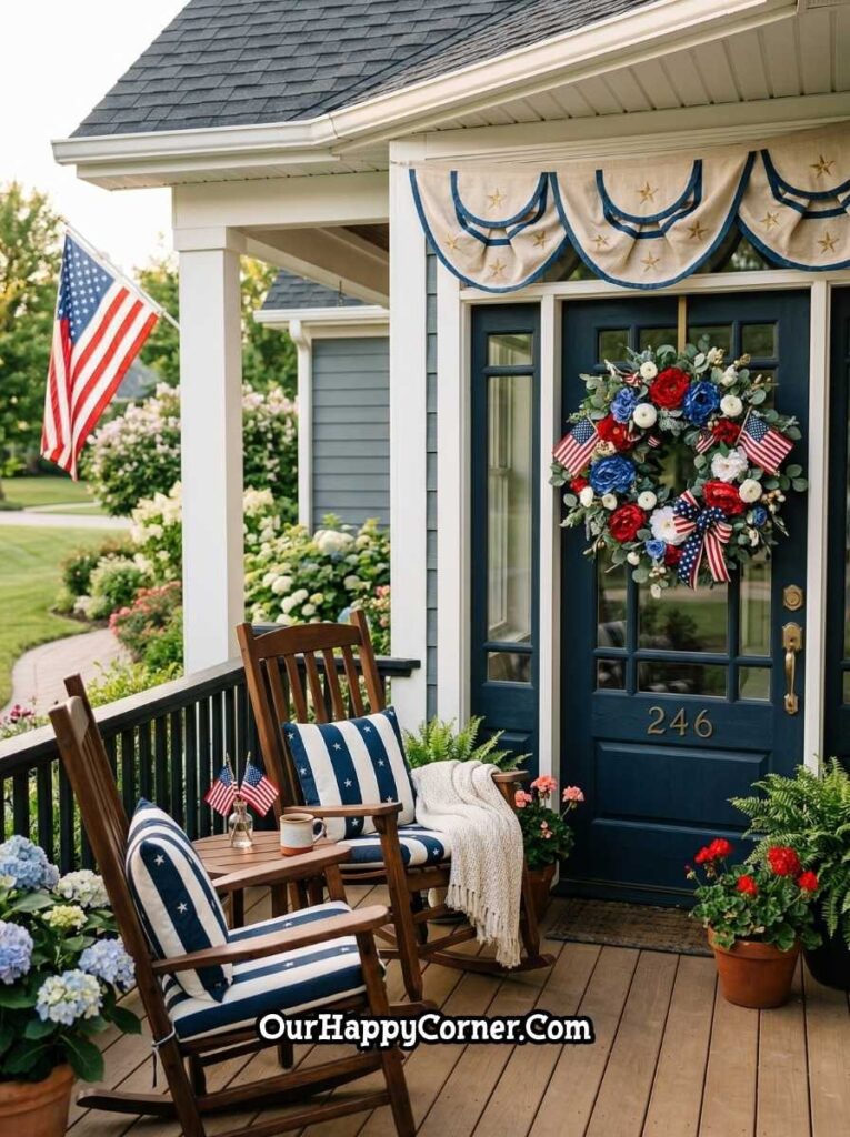 4th of July porch with subtle patriotic decor, wreath, and rocking chairs