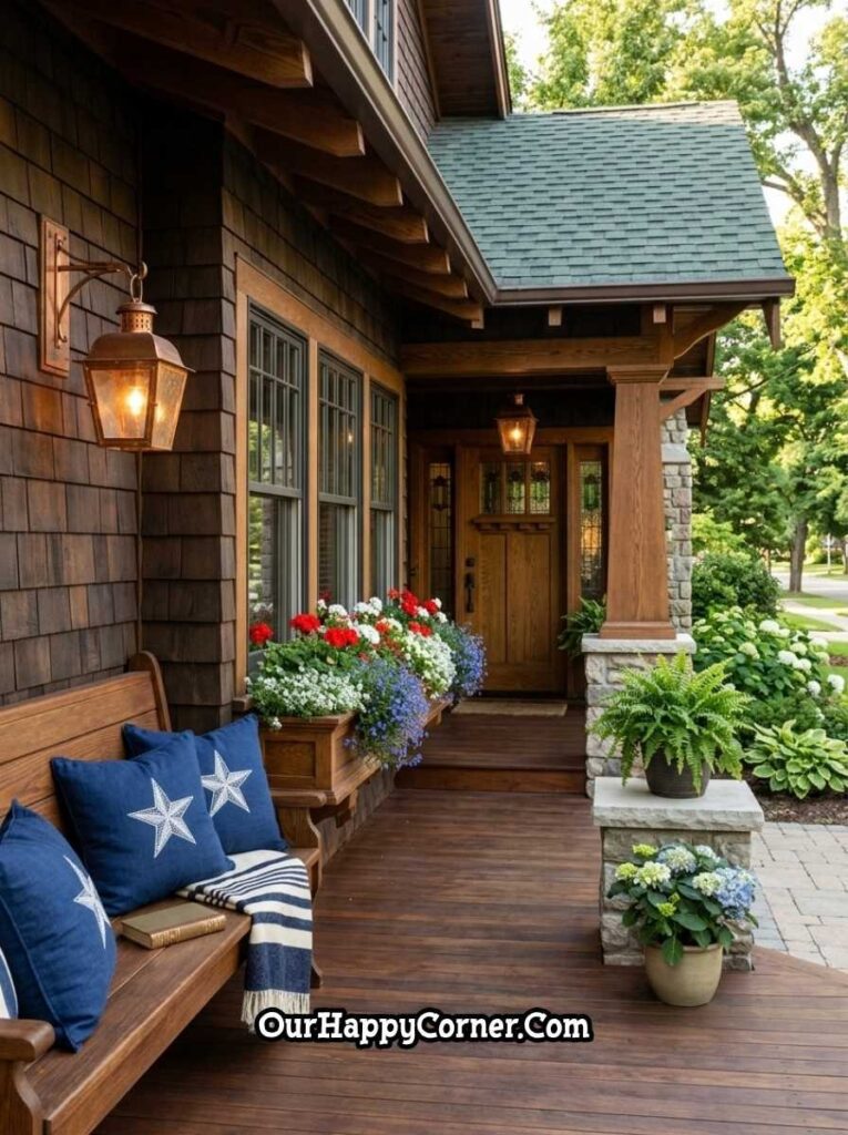 Rustic porch with wooden bench, star pillows, and patriotic flowers