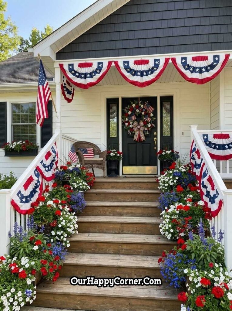 4th of July porch steps with red white blue flowers and patriotic bunting
