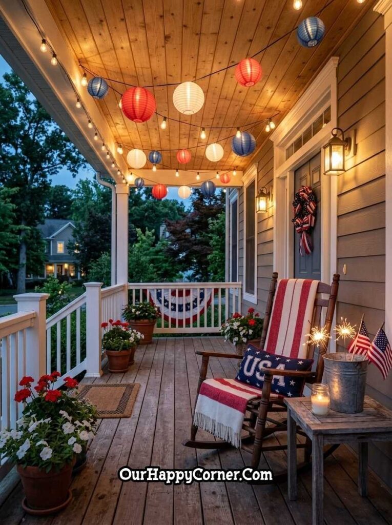 4th of July porch with hanging lanterns and string lights at night