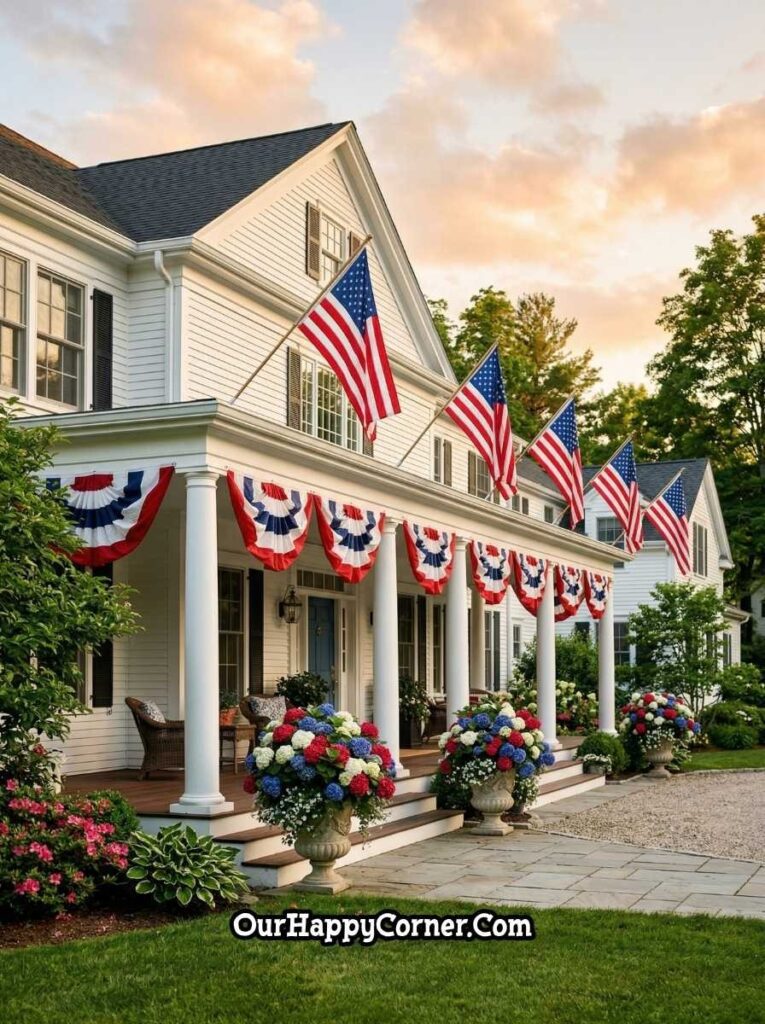 Large white porch with multiple American flags and red white blue flowers