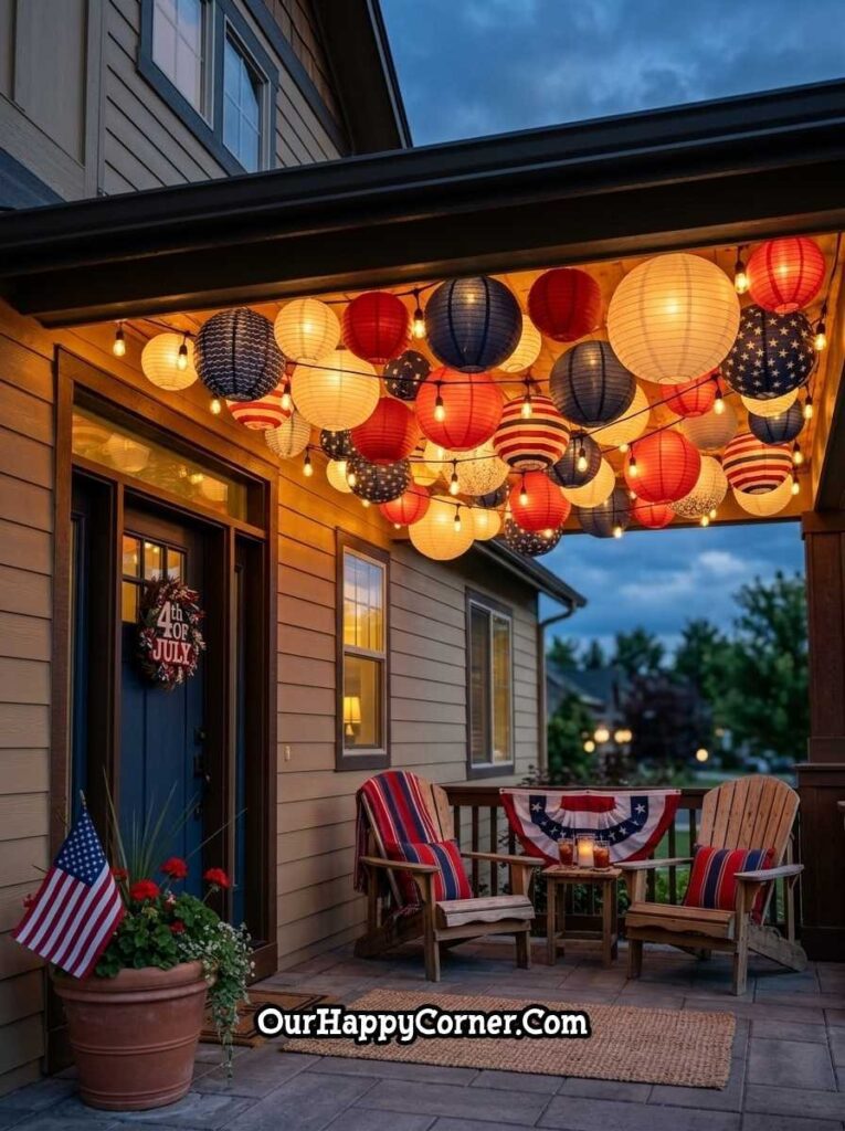 Patriotic porch with red white blue lantern canopy and seating area