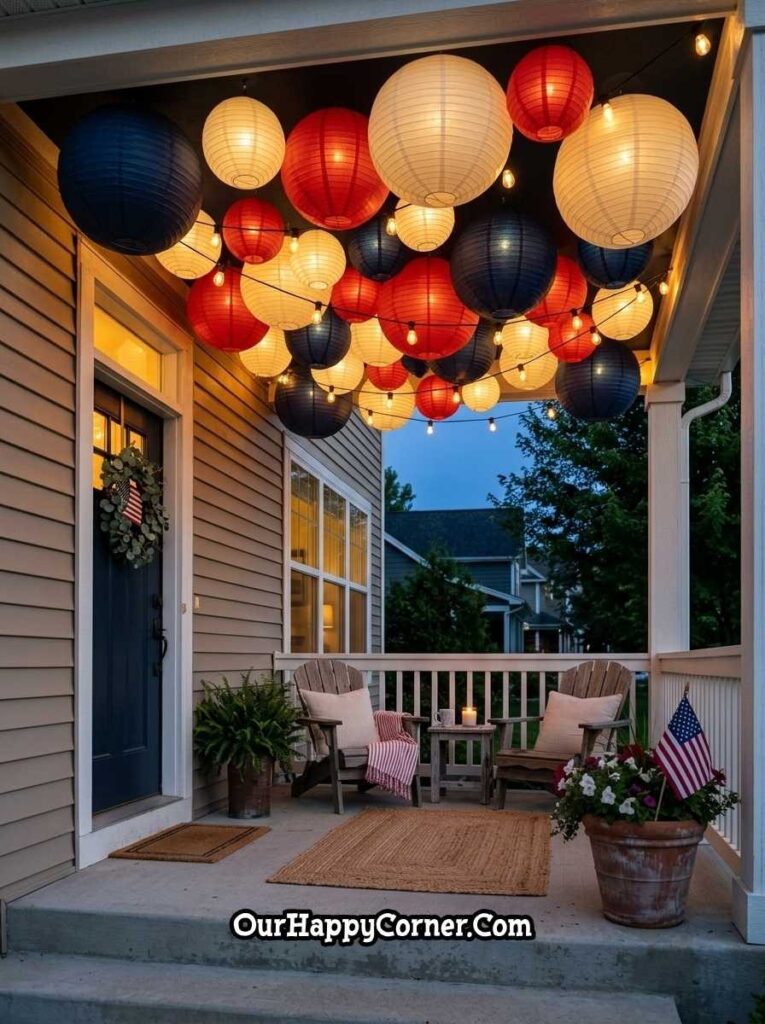 Cozy evening porch with lantern lights and subtle 4th of July decor