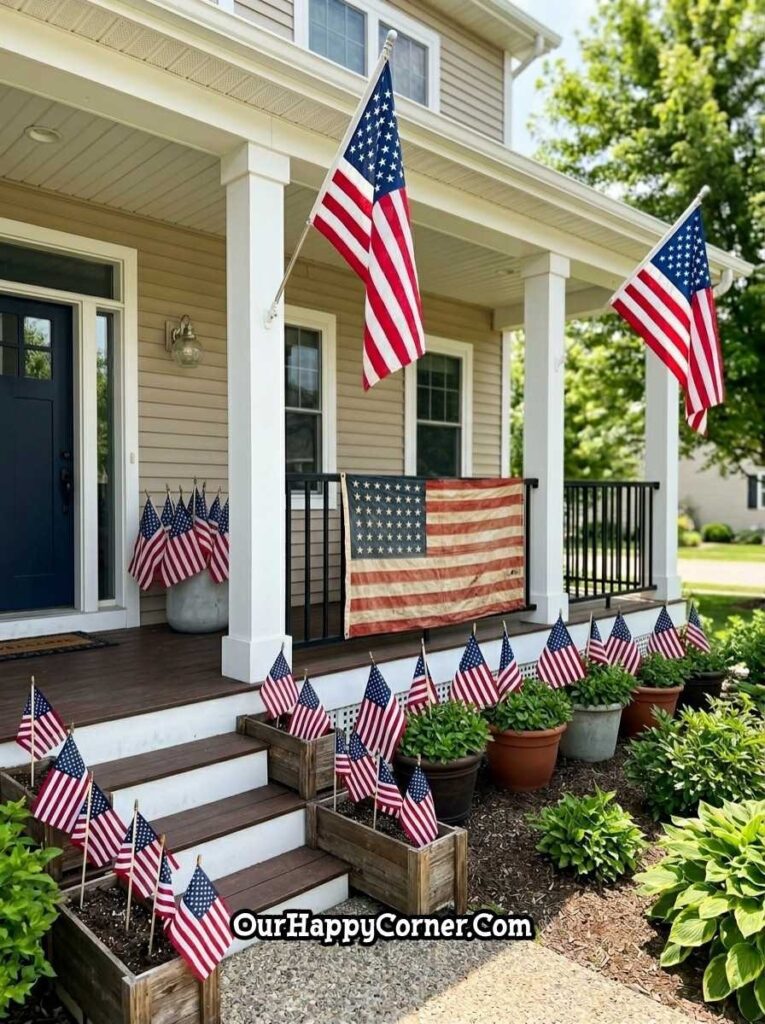 4th of July porch decorated with multiple American flags on steps and railing