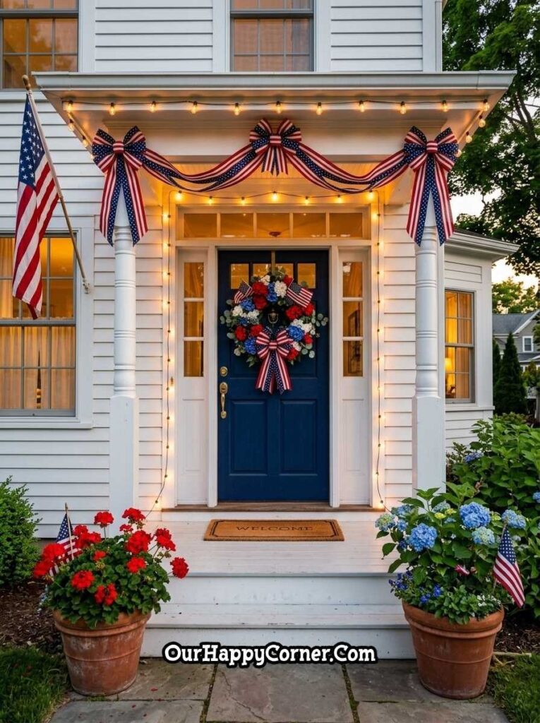 4th of July porch decor with patriotic bows, wreath, and warm string lights