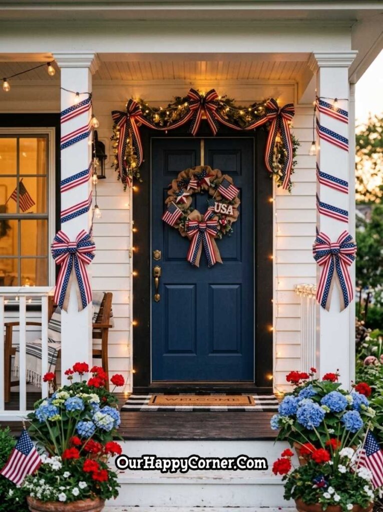 Blue front door with patriotic garland, bows, and lit porch decor