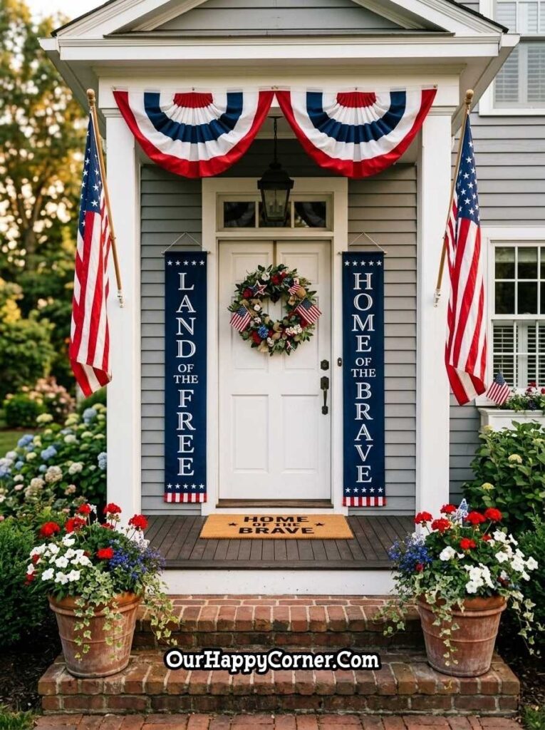 4th of July porch decor with patriotic signs, flags, and red white blue planters
