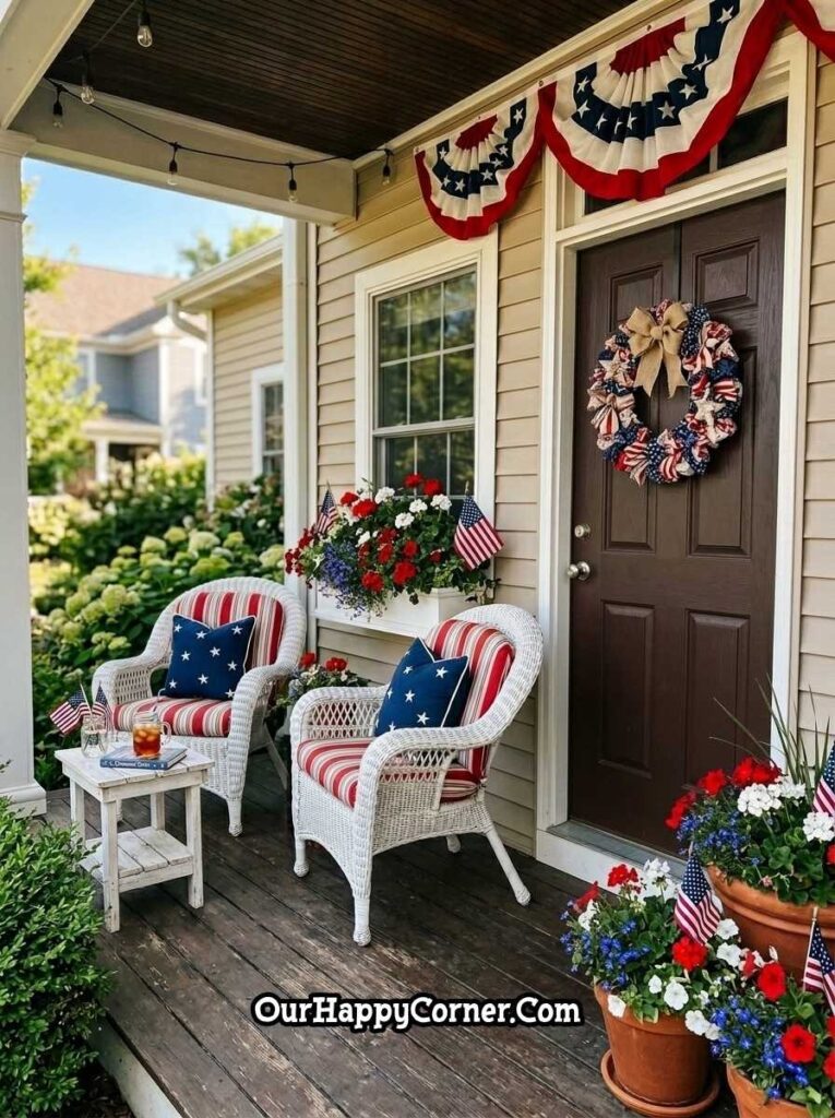 4th of July cozy porch seating with patriotic pillows, wreath, and red white blue flowers