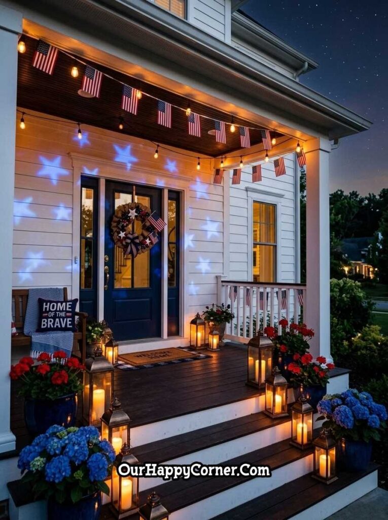 Front porch with lanterns, flags, and star light projections at night