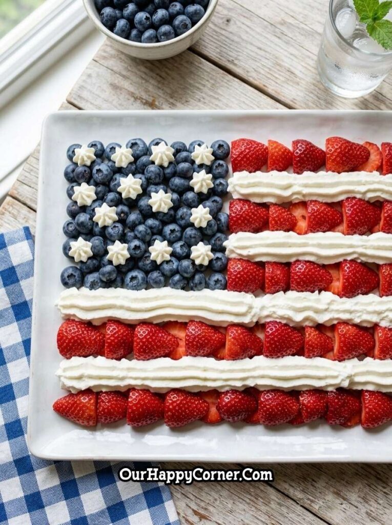 berry flag fruit tray with strawberries blueberries and whipped cream