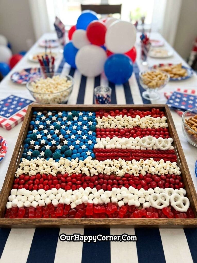 4th of July party food red white and blue candy and popcorn board arranged like flag