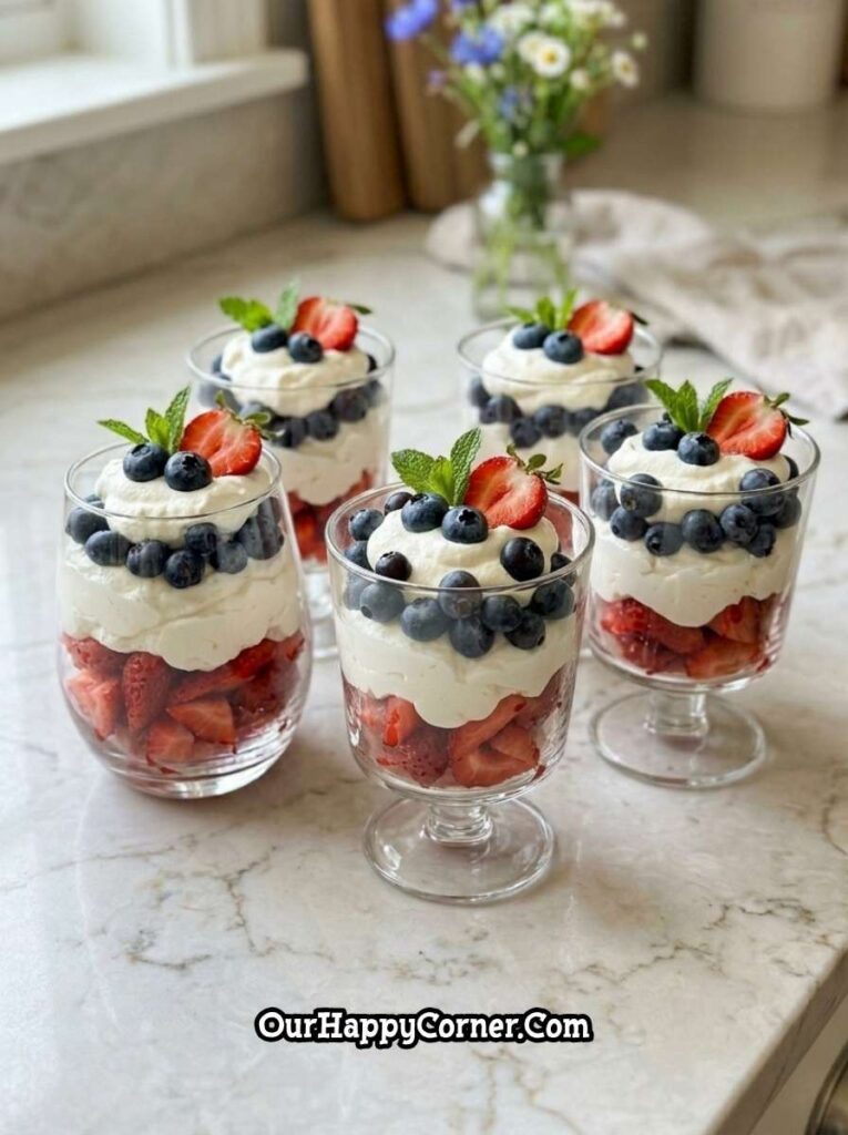 4th of July party food ideas berry parfait cups with strawberries blueberries and cream layers