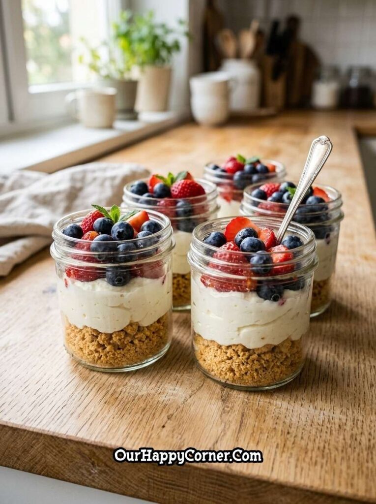 cheesecake jars with graham base and berry topping