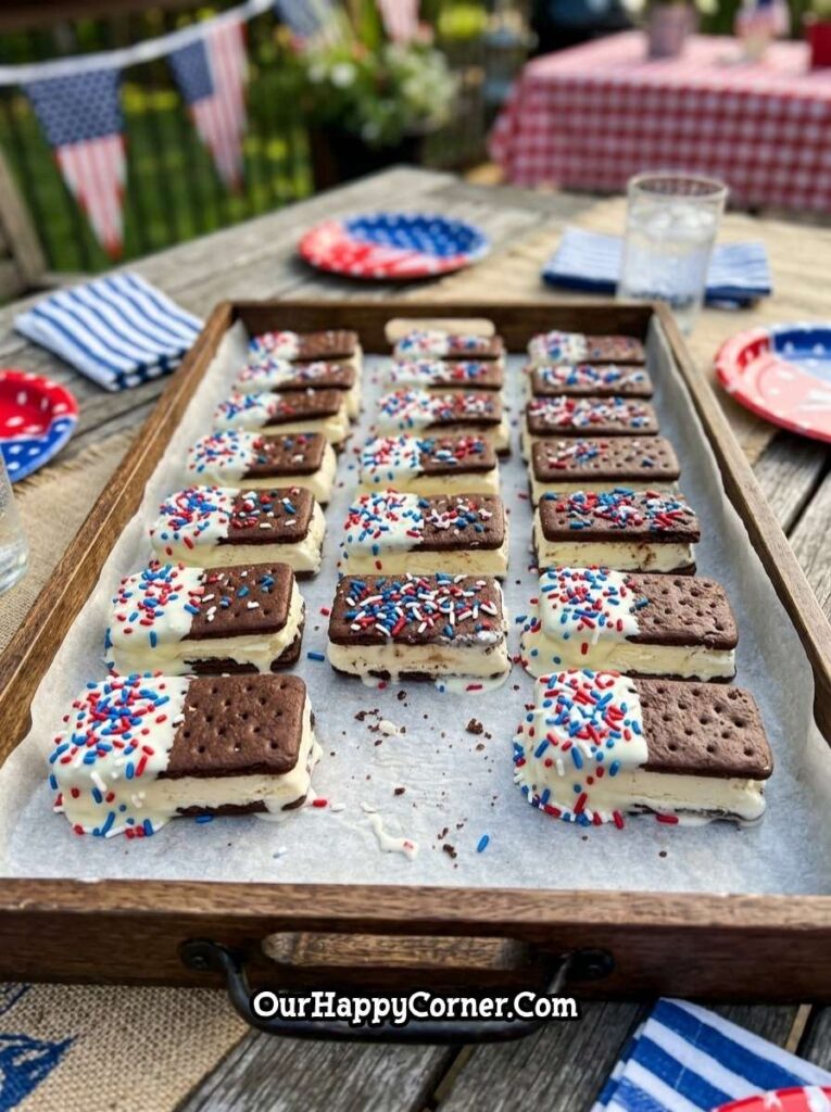 ice cream sandwiches dipped in chocolate with patriotic sprinkles