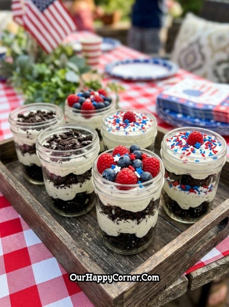 mini dessert cups with crushed cookies cream and berries