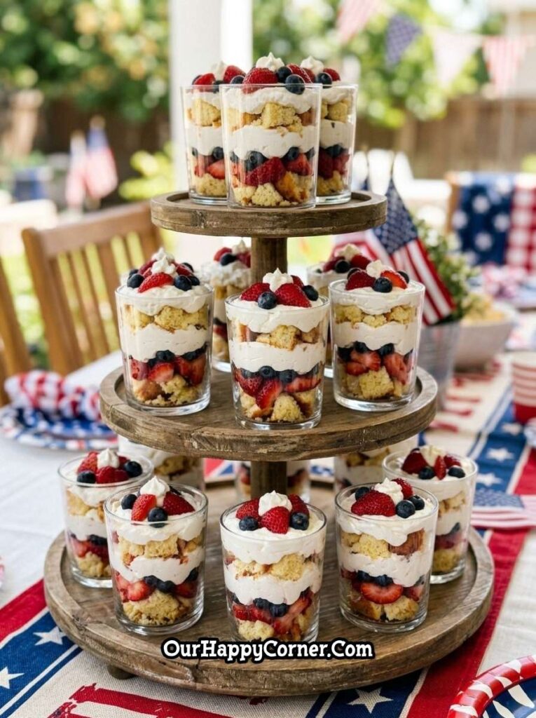 4th of July party food mini trifle cups with cake cream strawberries and blueberries