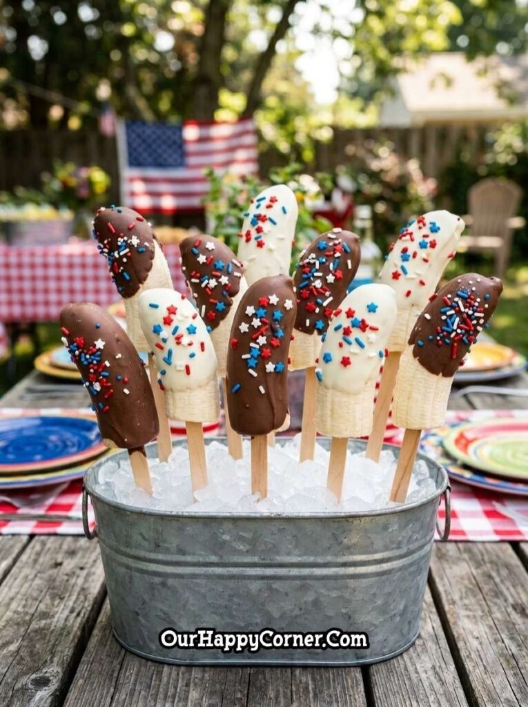 chocolate dipped banana pops with red white and blue sprinkles