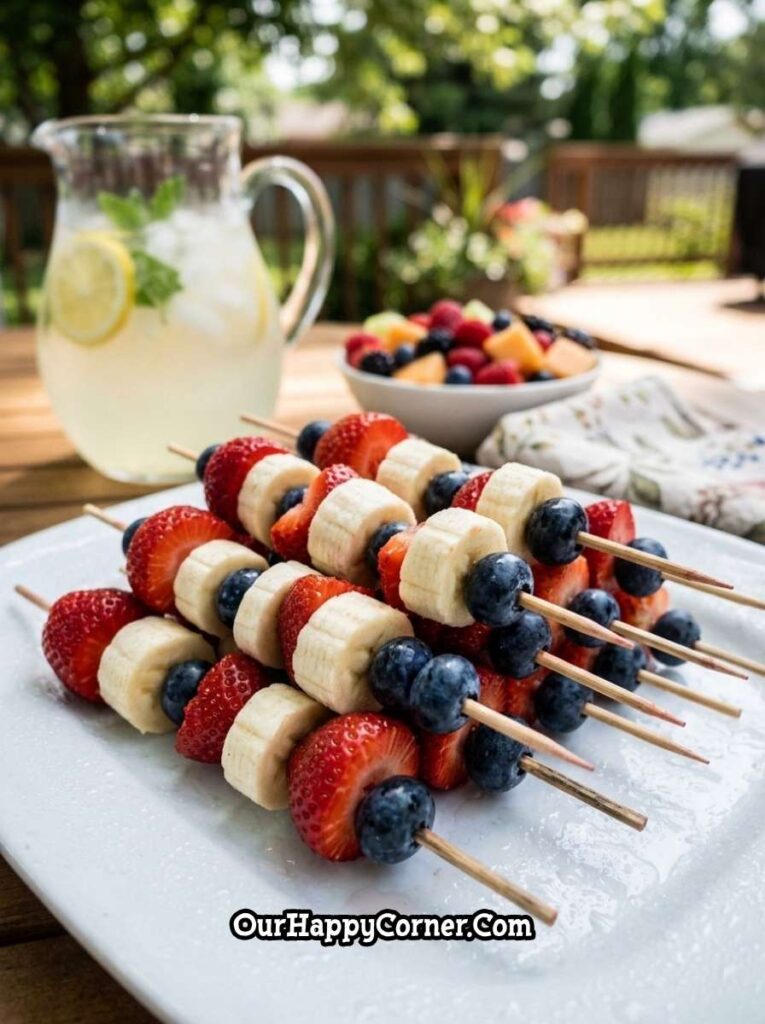 fruit skewers with strawberries bananas and blueberries