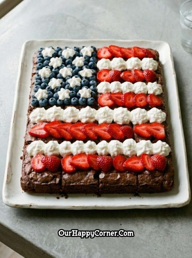 brownie flag dessert with strawberries blueberries and whipped cream