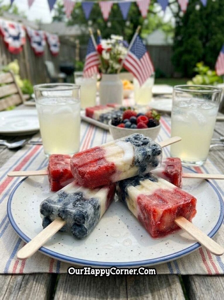 layered red white and blue popsicles with fruit