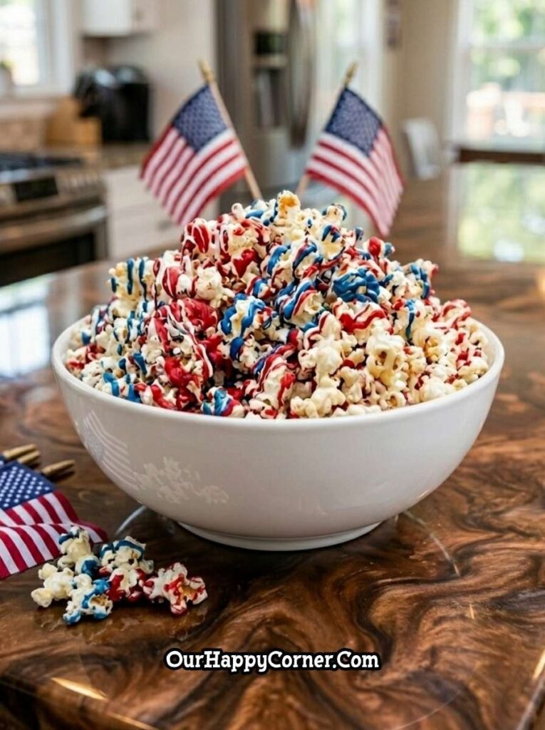 4th of July party food popcorn drizzled with red white and blue candy coating