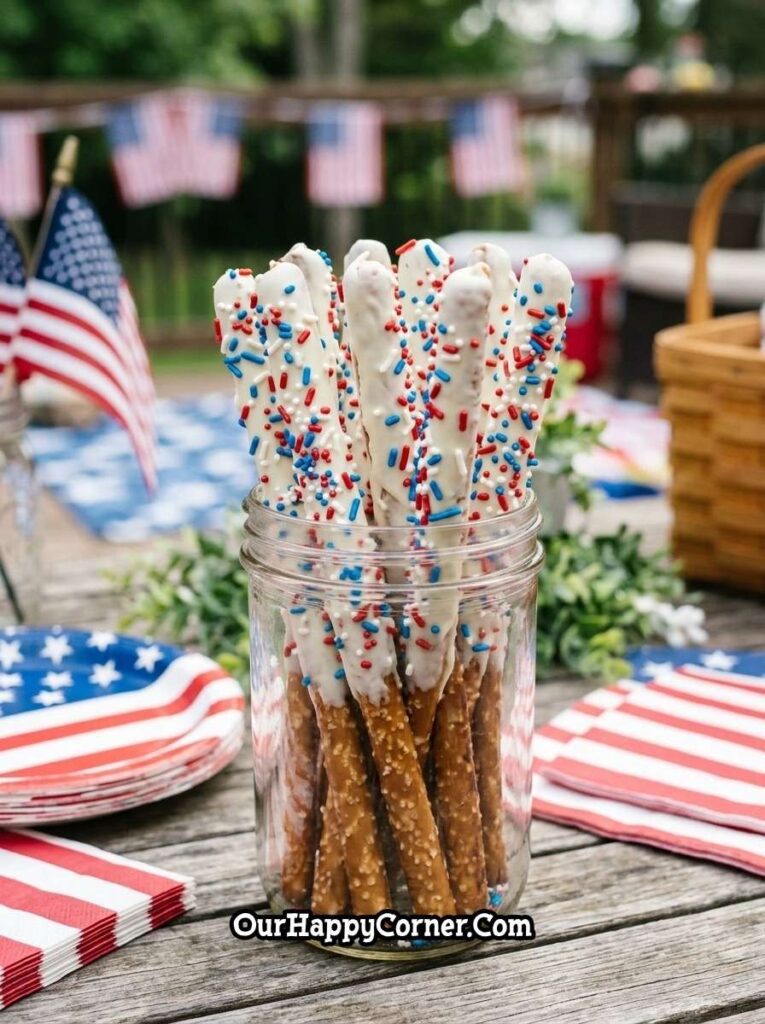 pretzel sticks dipped in white chocolate with red and blue sprinkles