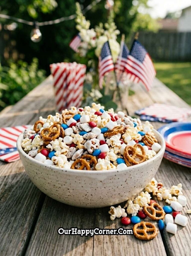 patriotic snack mix with popcorn pretzels and candies