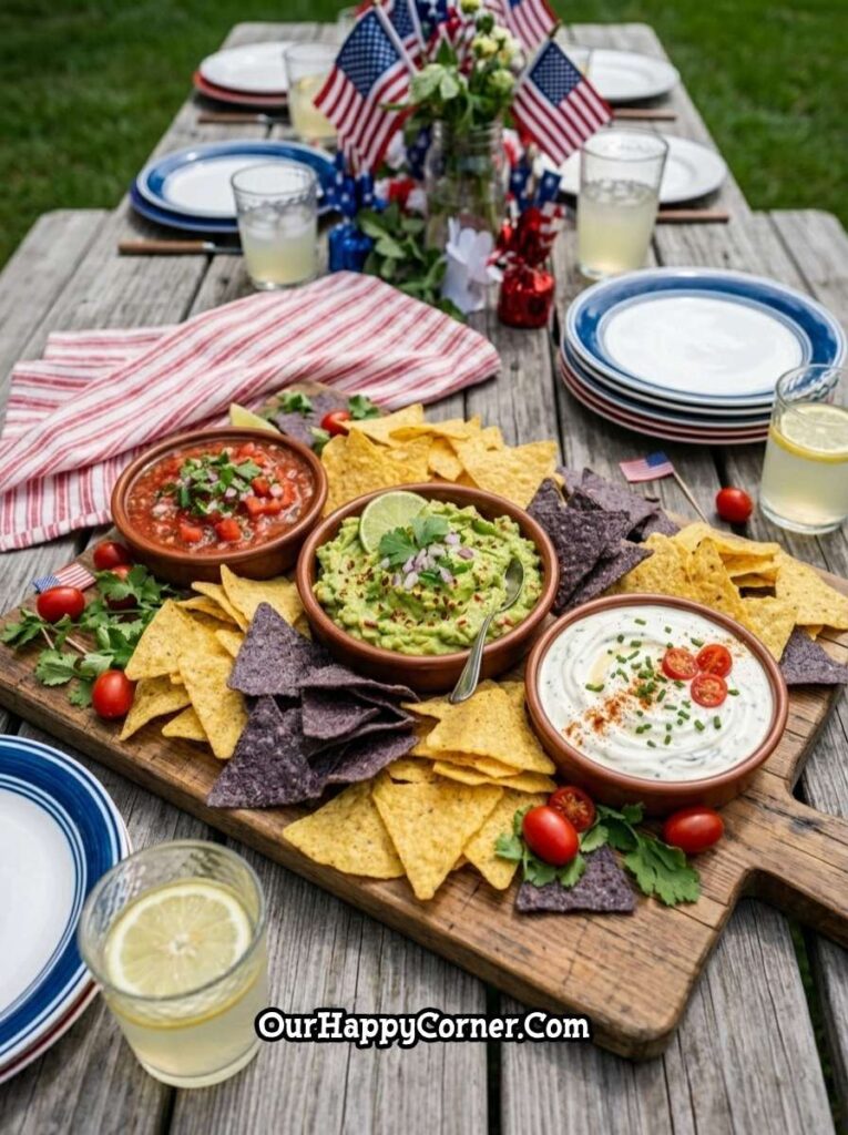 tortilla chips with guacamole salsa and creamy dip on board