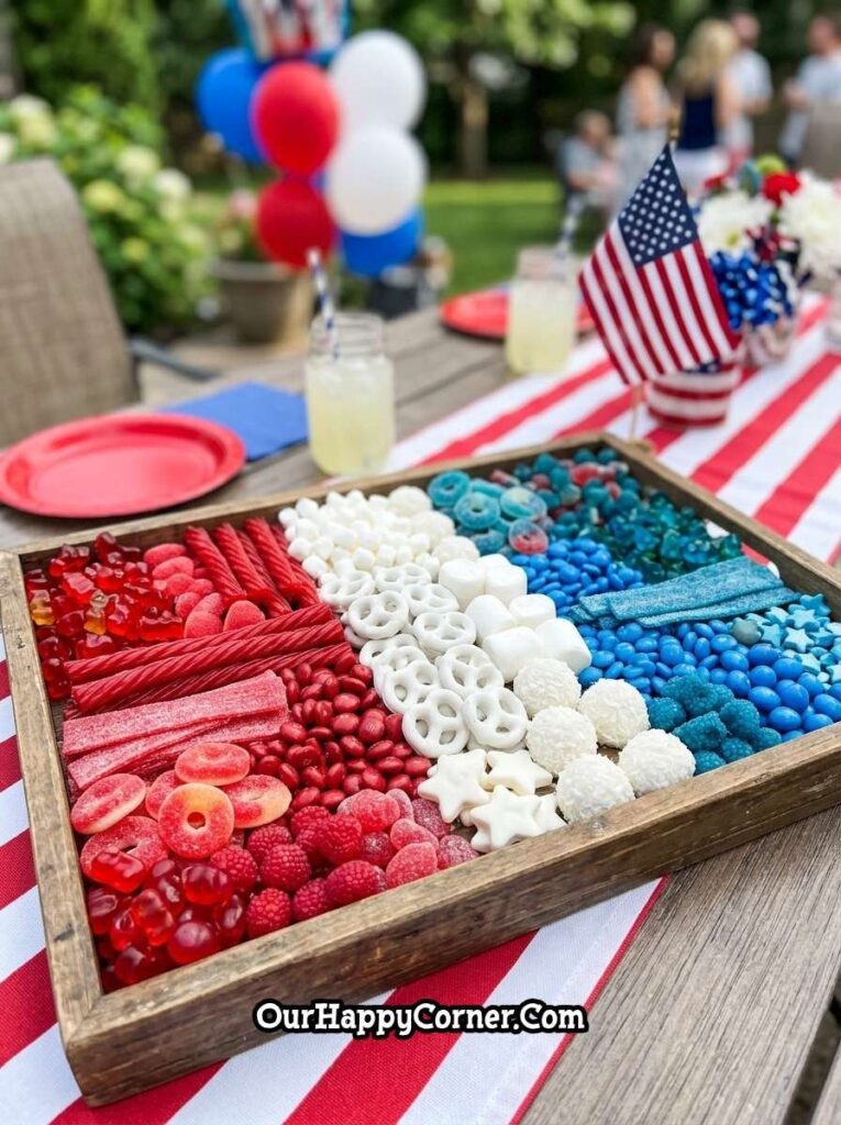 4th of July party food red white and blue candy arranged on serving board