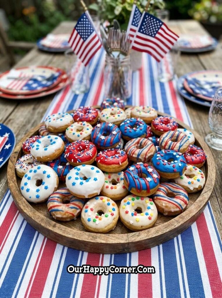 mini donuts decorated in red white and blue on tray