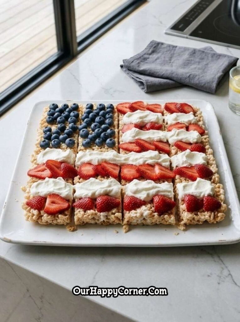 rice krispies treats decorated like American flag with fruit