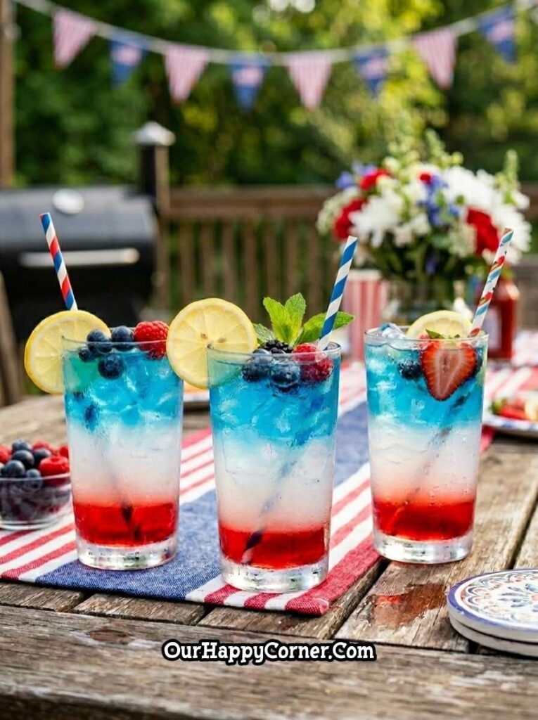 4th of July party food ideas layered red white and blue drinks with fruit garnish