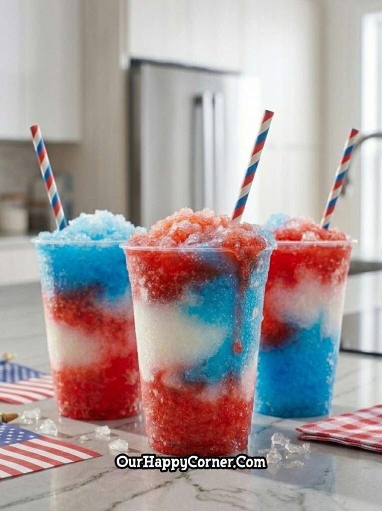 4th of July party food ideas red white and blue layered slush drinks in cups