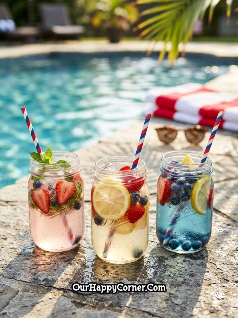 mason jar lemonade with strawberries blueberries and lemon slices