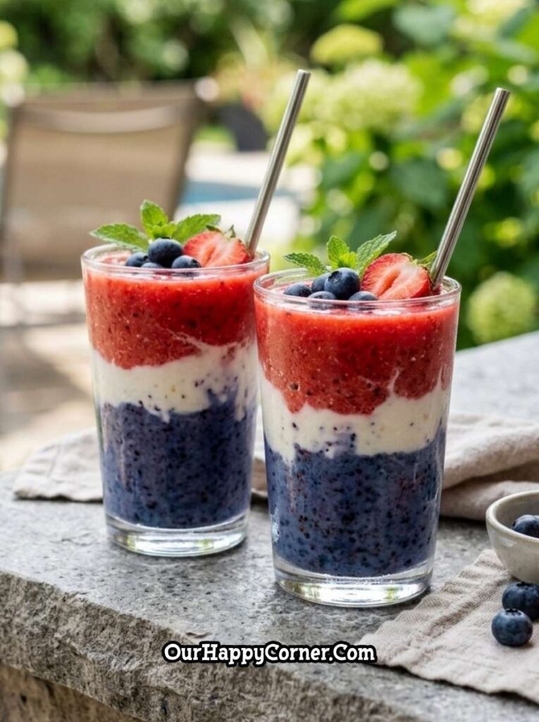 layered smoothie with strawberry banana and blueberry layers