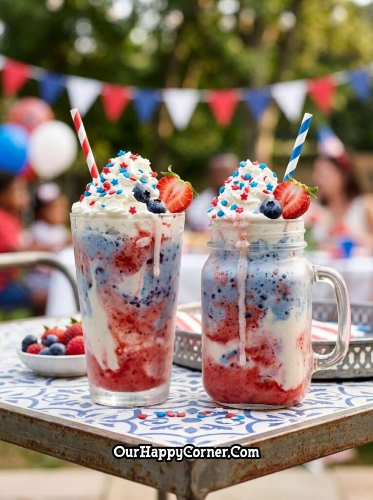 4th of July food red white and blue milkshake topped with whipped cream and sprinkles