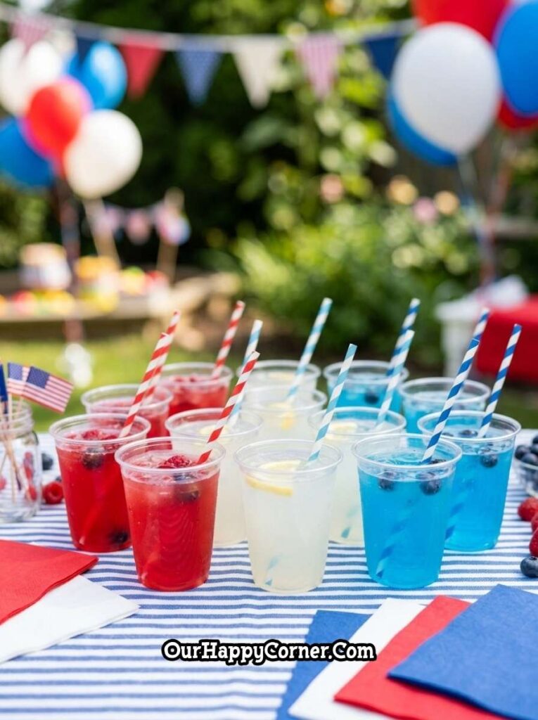 red white and blue drinks in clear party cups