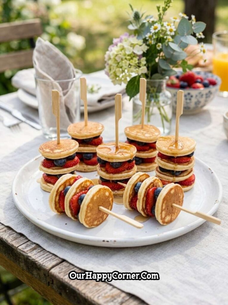 mini pancake skewers with strawberries and blueberries