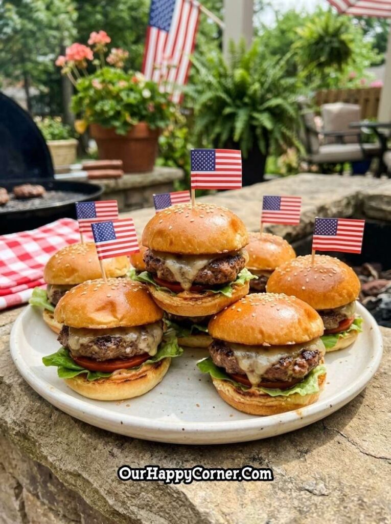 4th of July party food mini cheeseburger sliders with american flags