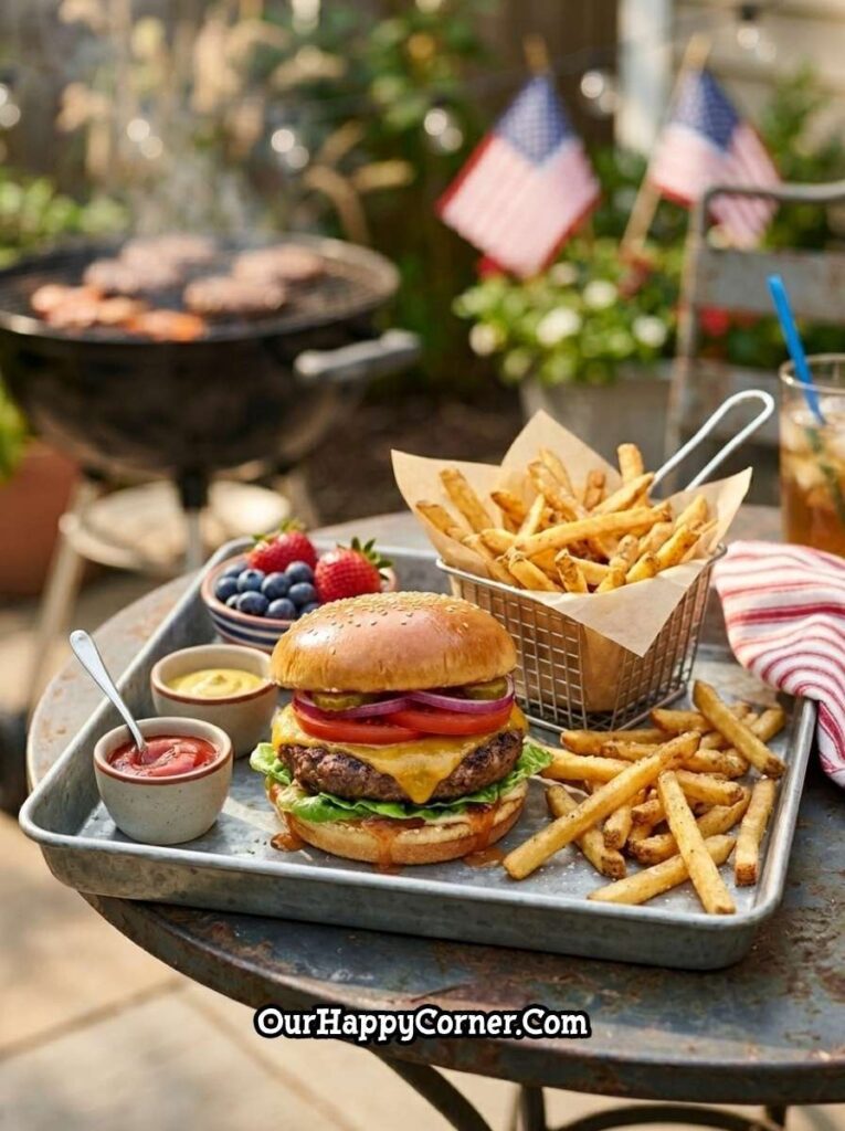 burger and fries served on tray at outdoor party