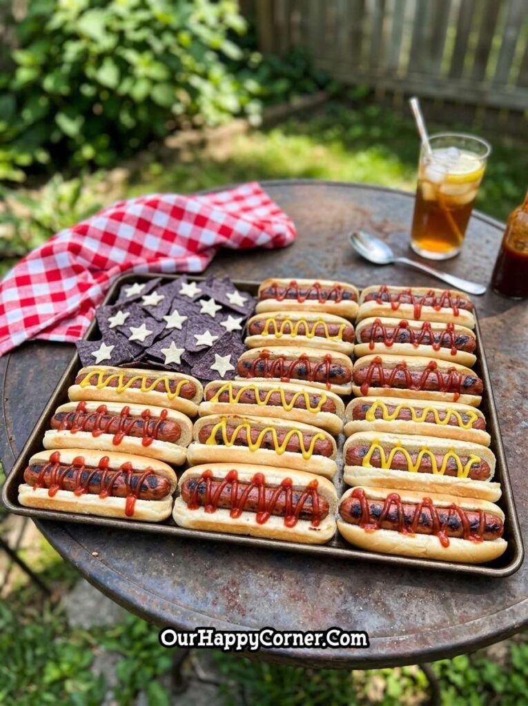 4th of july party food hot dogs with ketchup mustard and star shaped chips