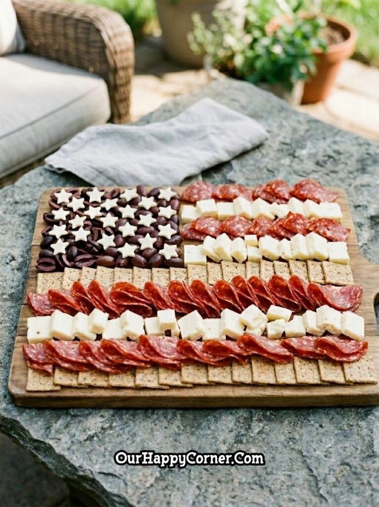 4th of july food charcuterie board styled like American flag with meats cheese and crackers