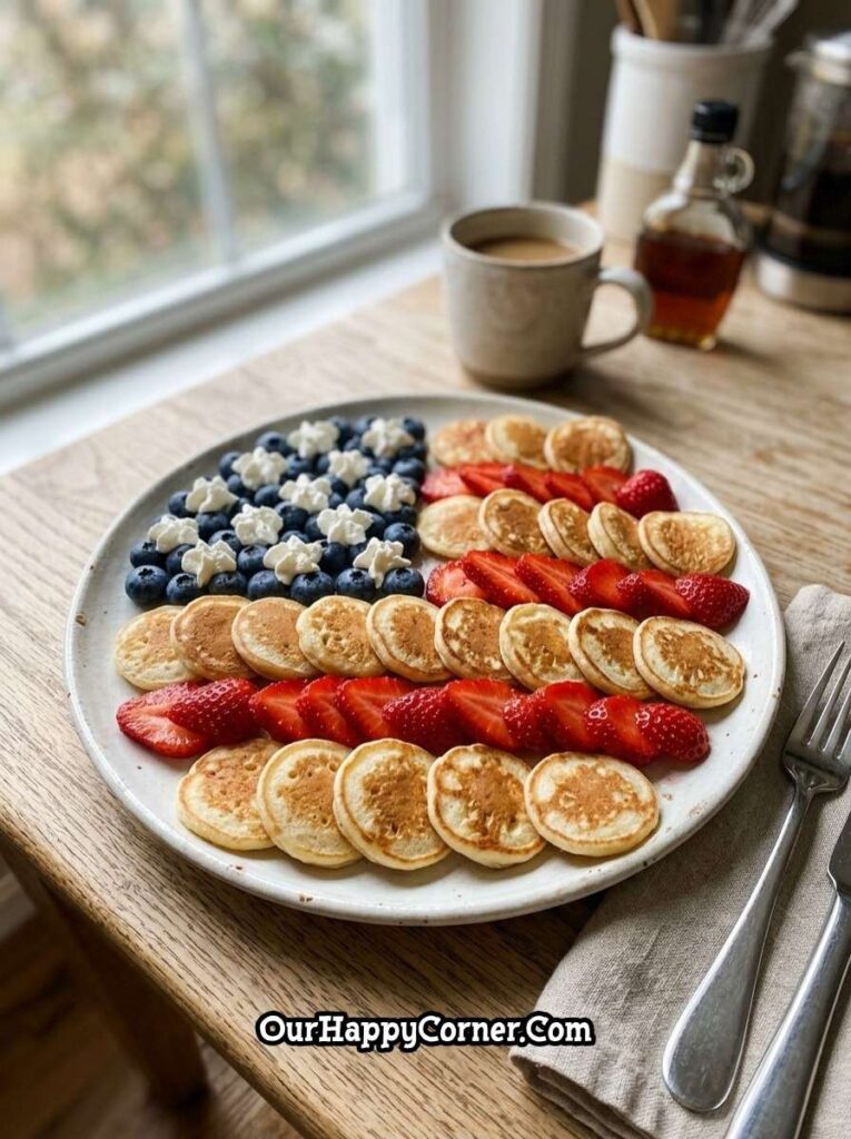 mini pancakes with strawberries blueberries and cream arranged like flag